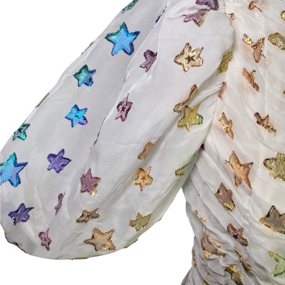 Shoshanna Midnight White Ruched One-Shoulder Metallic Star Y2K Party Mini Dress - Picture 5 of 15